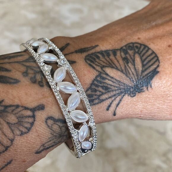 Anne Klein Silver Tone & Pearls Hinged Cuff Bracelet - Picture 5 of 9